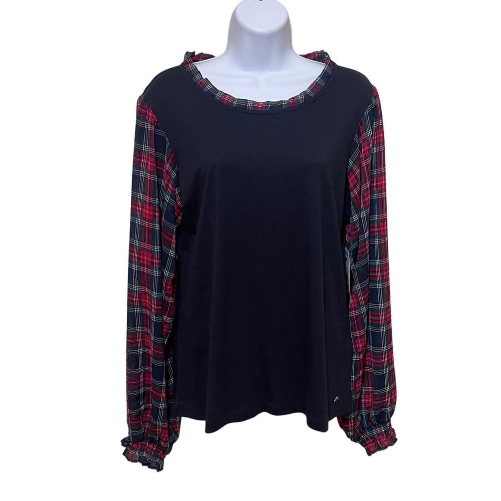 Tommy Hilfiger Womens Navy Tartan Plaid Mixed Media Ruffle Sleeve Top Large New